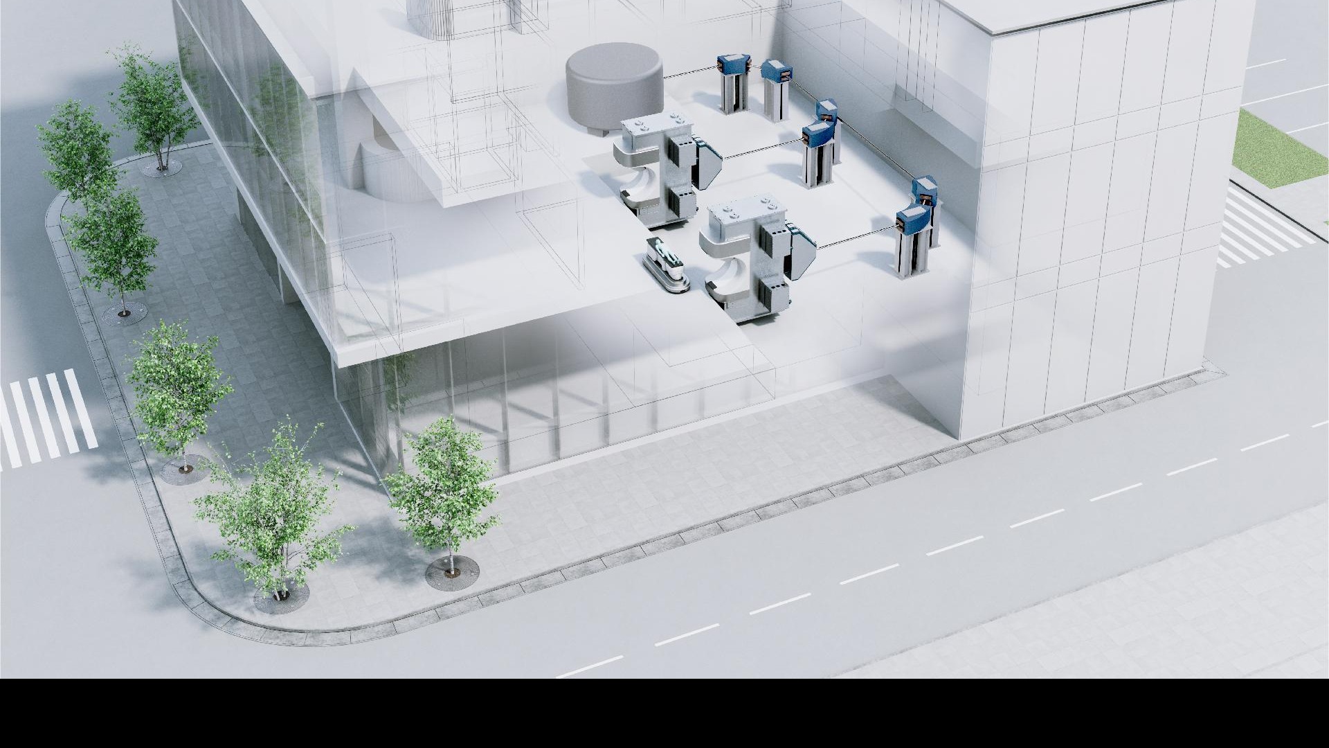 Isometric render of a hospital facility with rooftop proton therapy equipment