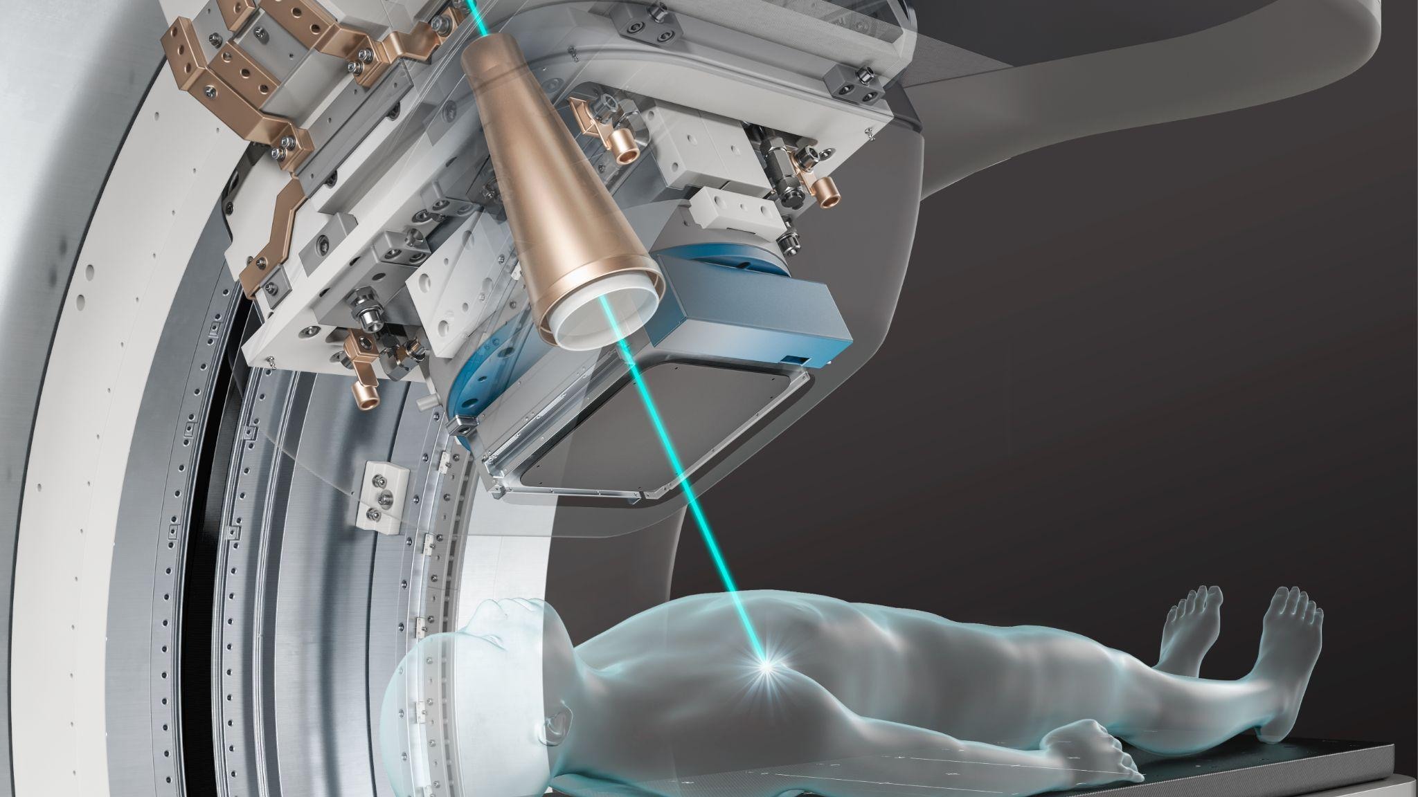Phemto proton beam therapy gantry head, teal beam path shown in a system render